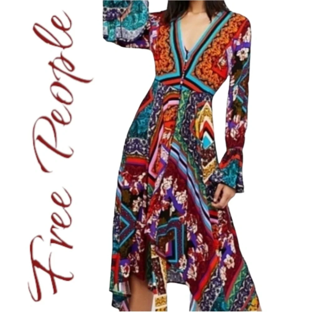 Free People Boho Patchwork‎ Hippie Dress Bell Sleeves XS